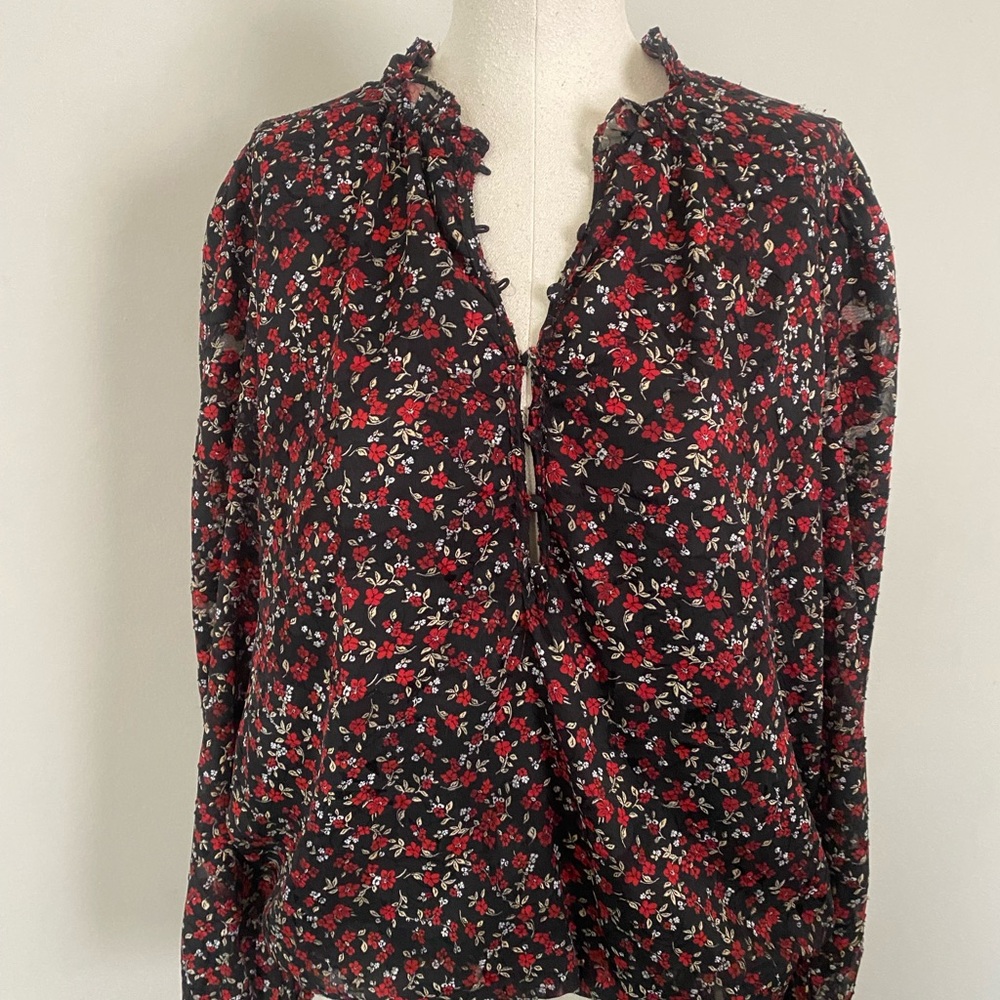 Elegant Red and Black Ruffled Long Sleeve Blouse